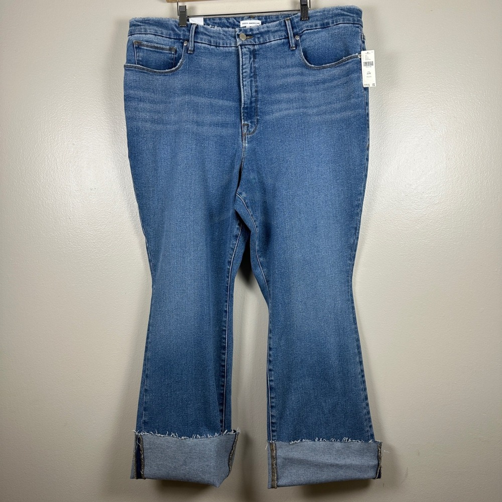 Good American Women's 20W Good Boy Flare Jeans Blue Raw Hem Cuffed NEW